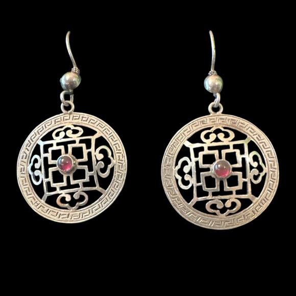 Vintage Sterling Silver Chinese Lattice Drop Earrings with Garnet Stone Center - Picture 1 of 5